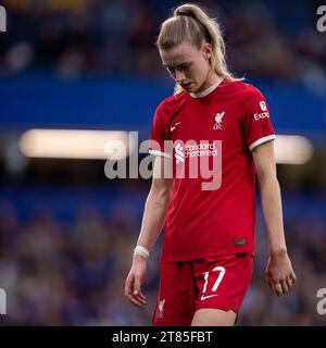 Jenna Clark of Liverpool gestures during the Barclays FA Women's Super League match between Chelsea and Liverpool at Stamford Bridge, London on Saturday 18th November 2023. (Photo: Federico Guerra Maranesi | MI News) Credit: MI News & Sport /Alamy Live News Stock Photo