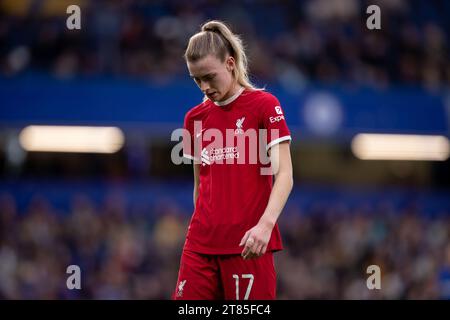 Jenna Clark of Liverpool gestures during the Barclays FA Women's Super League match between Chelsea and Liverpool at Stamford Bridge, London on Saturday 18th November 2023. (Photo: Federico Guerra Maranesi | MI News) Credit: MI News & Sport /Alamy Live News Stock Photo