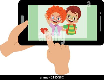 Video Conference. Cute little Kid using tablet for video call with friend. Children happy smile using internet technology for talking. girl face on sc Stock Vector