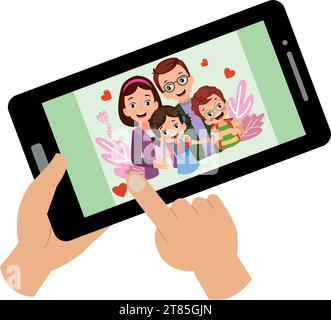 Video Conference. Cute little Kid using tablet for video call with friend. Children happy smile using internet technology for talking. girl face on sc Stock Vector