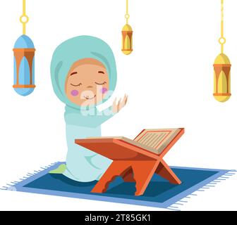 cute happy boy reading quran Stock Vector