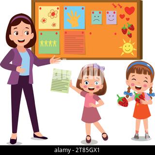 Cork board with paper notes and children picture Stock Vector