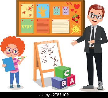 Cork board with paper notes and children picture Stock Vector