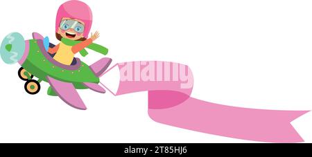 Little pilot kids on airplane with white and pink blank banner Stock Vector