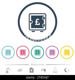 Pound strong box flat color icons in round outlines. 6 bonus icons included. Stock Vector