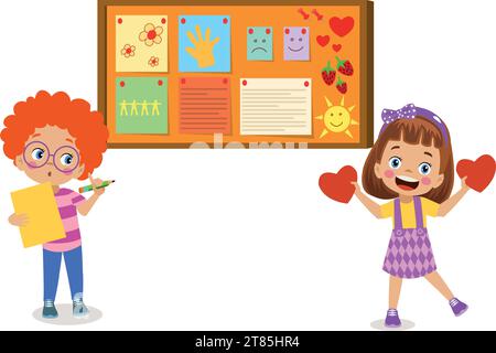 Cork board with paper notes and children picture Stock Vector