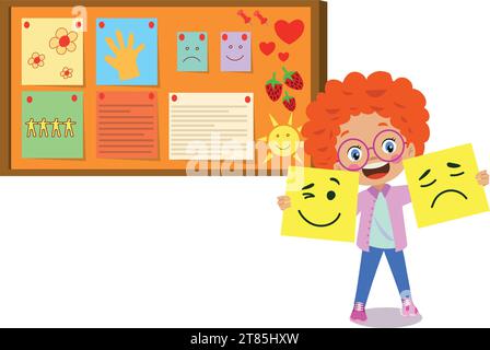 Cork board with paper notes and children picture Stock Vector
