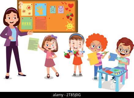 Cork board with paper notes and children picture Stock Vector