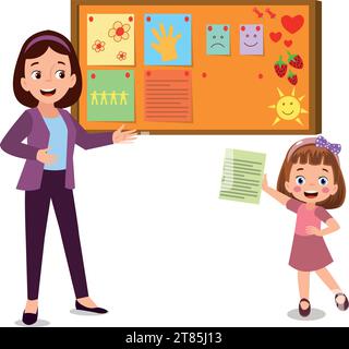 Cork board with paper notes and children picture Stock Vector