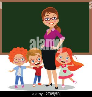 cute teacher and students teaching in front of classroom lesson board Stock Vector