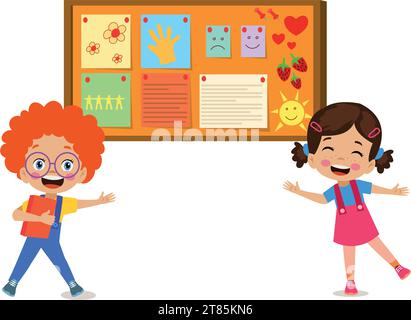 Cork board with paper notes and children picture Stock Vector
