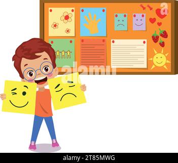 Cork board with paper notes and children picture Stock Vector