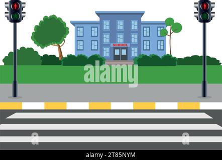 Cute school kids with backpacks waiting for stop sign at pedestrian traffic light to cross at pedestrian crossing on their way to school Stock Vector