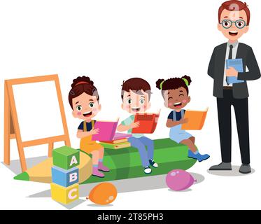 cute students and teacher in classroom Stock Vector