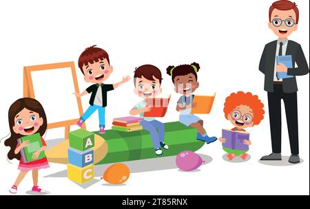 cute students and teacher in classroom Stock Vector