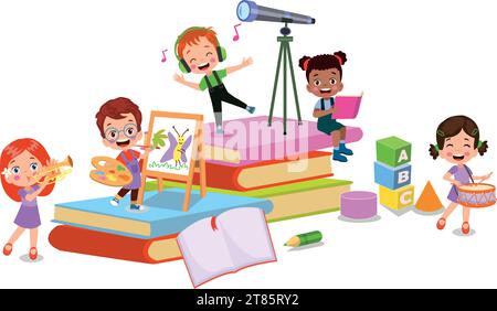Vector illustration of cute kids with Abc blocks, abc letters Stock Vector