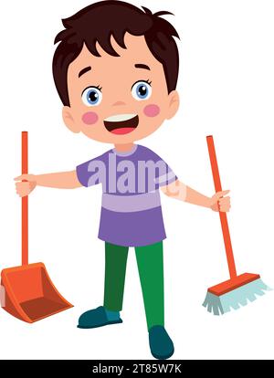 cute little boy cleaning with broom and shovel Stock Vector