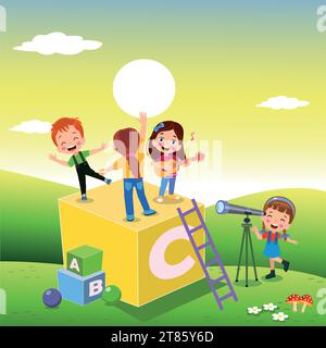 nature outdoor with cute kids books and letter cubes Stock Vector