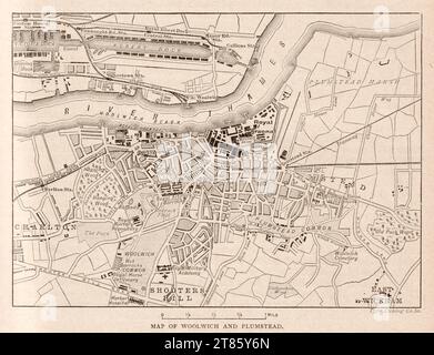 Engraving of a map of Woolwich and Plumstead from the book: “Greater London, volume 2” by Cassel and Company, London 1898. Stock Photo