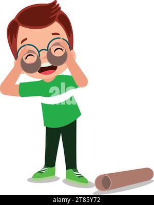 cute boy having fun with paper binoculars Stock Vector