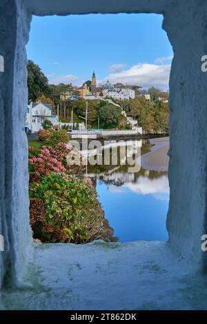 The village of Portmeirion seen from the Watchtower on the banks of the Afon Dwyryd, Portmeirion, Gwynedd, Wales Stock Photo