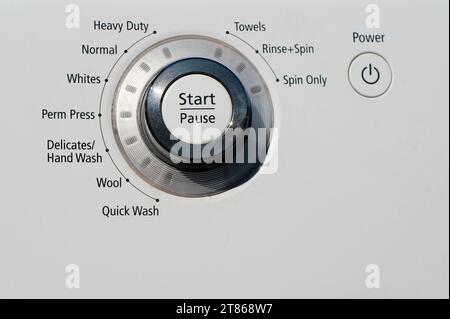 The Details of a Washing Machine Selector knob focus on the Start Pause button Stock Photo