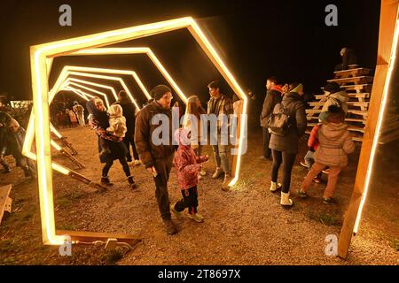 Drnholec, Czech Republic. 18th Nov, 2023. Fifteen metal sculptures of twelve species of animals, a light tunnel, a light swing and one illuminated maze with a competition include a walk through the Light Zoo, which opened in the World of Mazes in Drnholec in the Breclav district, South Moravian Region. Photo taken on November 18, 2023. Credit: Vaclav Salek/CTK Photo/Alamy Live News Stock Photo