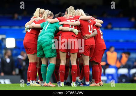 Kingston, UK. 18th Nov, 2023. Liverpool Women huddle during the FA Women's Super League match between Chelsea Women and Liverpool Women at Stamford Bridge, London, England on 18 November 2023. Photo by Carlton Myrie. Editorial use only, license required for commercial use. No use in betting, games or a single club/league/player publications. Credit: UK Sports Pics Ltd/Alamy Live News Stock Photo