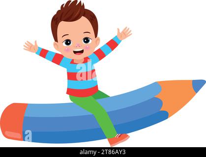 Kid Boy Flying on Pencil Stock Vector