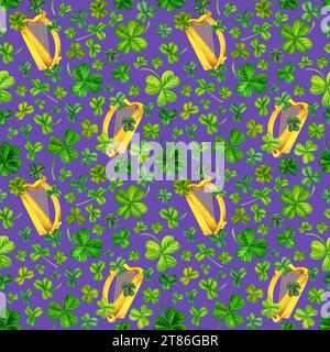 Watercolor seamless pattern with Irish harp and shamrocks. Illustrations with metal and natural texture in vintage style isolated on purple background Stock Photo