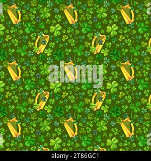 Watercolor seamless pattern with Irish harp and shamrocks. Illustrations with metal and natural texture in vintage style on green background. Stock Photo