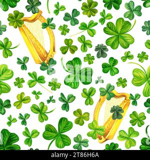 Watercolor seamless pattern with Irish harp and shamrocks. Illustrations with metal and natural texture in vintage style isolated on white background. Stock Photo