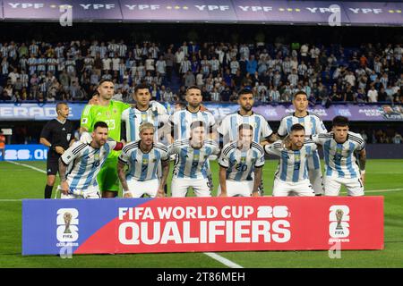 BUENOS AIRES, ARGENTINA - NOVEMBER 16: (L-R) National team of Argentina team photo Emiliano Martinez, Cristian Gabriel Romero, Nicolas Otamendi, Nicol Stock Photo