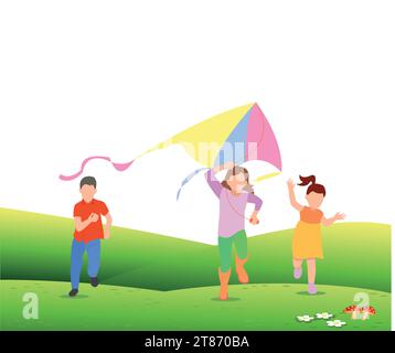 Kids playing kites. Vector illustration of children flying kites on the meadow Stock Vector
