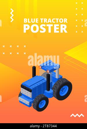 Poster with a blue tractor in isometric style for printing and design. Vector illustration. Stock Vector