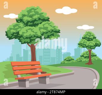 City park with green trees and grass, wooden bench, lanterns and town buildings on skyline Stock Vector