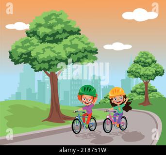 Vector illustration of happy kids riding bicycles in the park Stock Vector