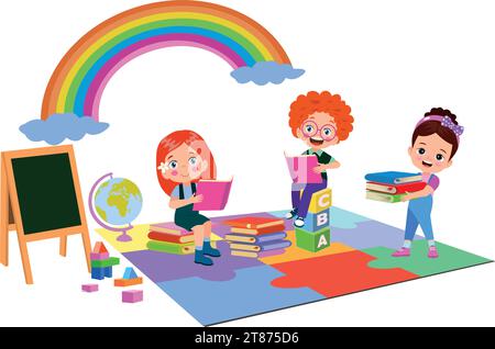 back to school school classroom and cute happy students Stock Vector