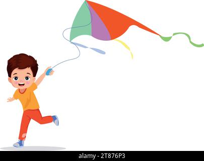 Boy playing kite. Vector illustration of a cheerful boy flying kite Stock Vector