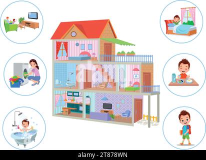 Cartoon kid daily routine activities set Stock Vector