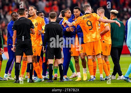Amsterdam, Netherlands. 18th Nov, 2023. AMSTERDAM, NETHERLANDS - NOVEMBER 18: Virgil van Dijk of The Netherlands, Calvin Stengs of The Netherlands, Cody Gakpo of The Netherlands, Wout Weghorst of The Netherlands celebrates his sides win during the UEFA EURO 2024 Qualifying Round Group B match between Netherlands and Republic of Ireland at Johan Cruijff ArenA on November 18, 2023 in Amsterdam, Netherlands (Photo by Andre Weening/ Orange Pictures) Credit: Orange Pics BV/Alamy Live News Stock Photo