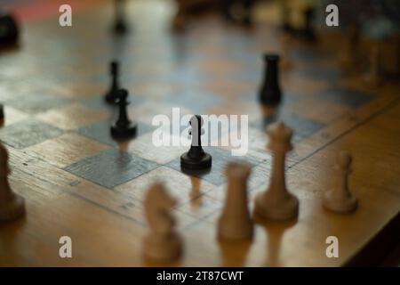 Game of chess. Sports competition. Chess pieces on board. Strategy Details. Stock Photo