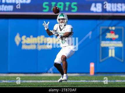 November 18, 2023:.North Texas Mean Green wide receiver Ja'Mori Maclin (9) makes a catch during the second quarter of the NCAA Football game between the North Texas Mean Green and the Tulsa Golden Hurricane at H.A. Champman Stadium in Tulsa, OK. Ron Lane/CSM Stock Photo
