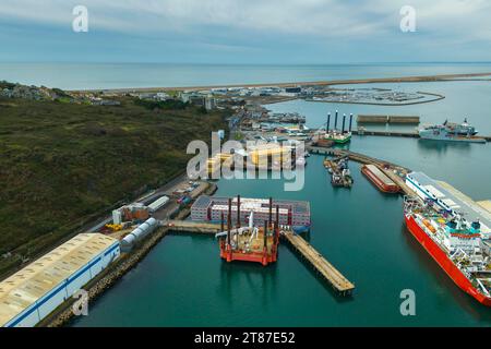 Portland, Dorset, UK.  18th November 2023.  General view from the air of the Bibby Stockholm asylum seekers barge at Portland Port near Weymouth in Dorset.  Picture Credit: Graham Hunt/Alamy Live News Stock Photo