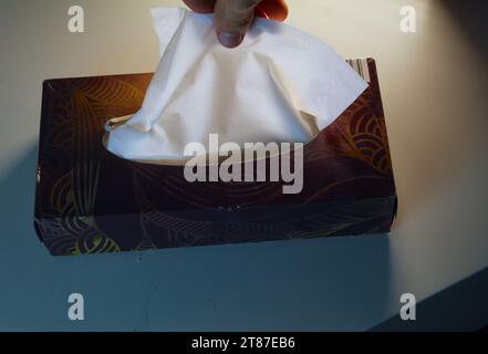 A photo of a rectangular tissue box for colds and flus on a white desk. Stock Photo
