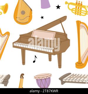 Musical instruments seamless banner. Tuba, trumpet, drum flute, french horn, lute, violin, electric bass guitar. Colored musical instruments pattern Stock Vector
