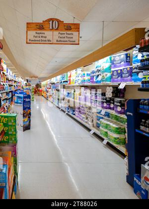 Utica, New York - Nov 6, 2023: Landscape View of Aisle 10 Sanitary Section of Chanatry's Hometown Market. Stock Photo