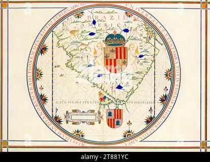 Map of the Southern Tip of America. After a map in Lisbon that dates to 1571 that was made by the Portuguese geographer Fernao Vaz Dourado. This map is attributed to Portuguese cartographer, navigator, and illuminator Fernão Vaz Dourado (circa 1520-80), based on similarities between other maps by Vaz and illustrations in this manuscript. Vaz produced seven brilliantly illuminated sea atlases between 1568 and 1580. This map, from his atlas dating to about 1576, shows the southern tip of South America. The atlas became part of the collections of the National Library of Portugal after 1910. Stock Photo