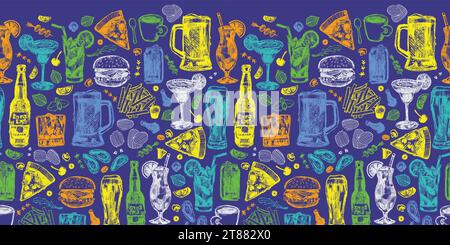 Vector bar cocktails alcoholic drinks and food repeat horizontal border pattern. Suitable for wall murals, nightclub and restaurant menu design Stock Vector