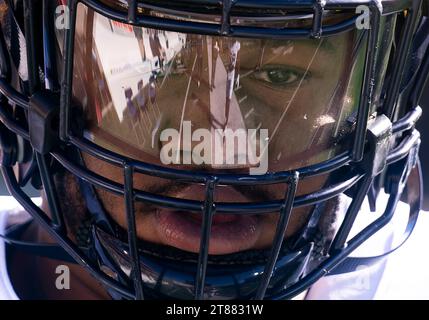 College Park, USA. 18th Nov, 2023. COLLEGE PARK, MD - NOVEMBER 18: Michigan Wolverines defensive lineman Rayshaun Benny (26) before a Big Ten football game between the Maryland Terrapins and the Michigan Wolverines, on November 18, 2023, at SECU Field, in College Park, Maryland. (Photo by Tony Quinn/SipaUSA) Credit: Sipa USA/Alamy Live News Stock Photo